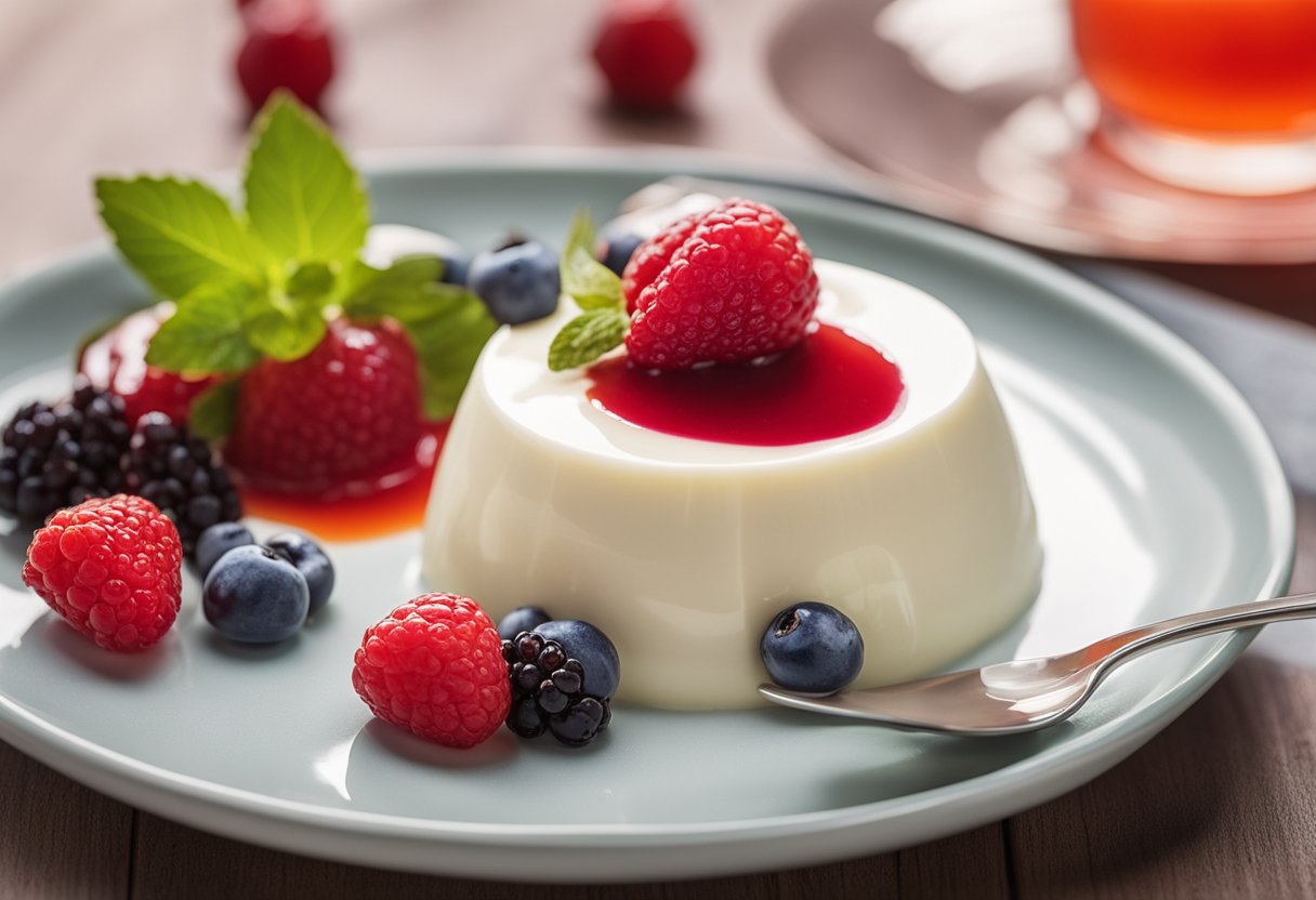 Uma panna cotta low-carb com um vibrante coulis de frutas vermelhas, servida em um delicado prato de sobremesa
