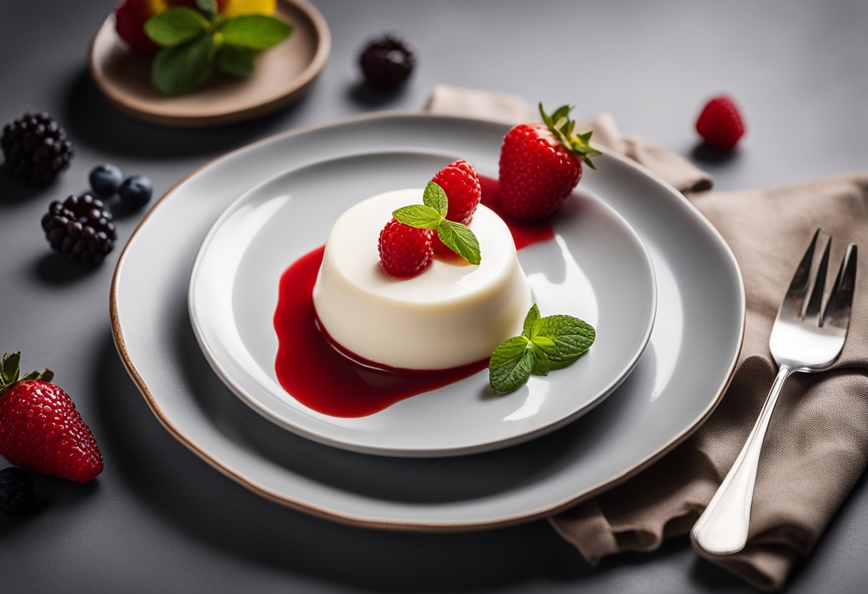 Uma panna cotta cremosa e low-carb com um vibrante coulis de frutas vermelhas, servida em um prato minimalista e moderno