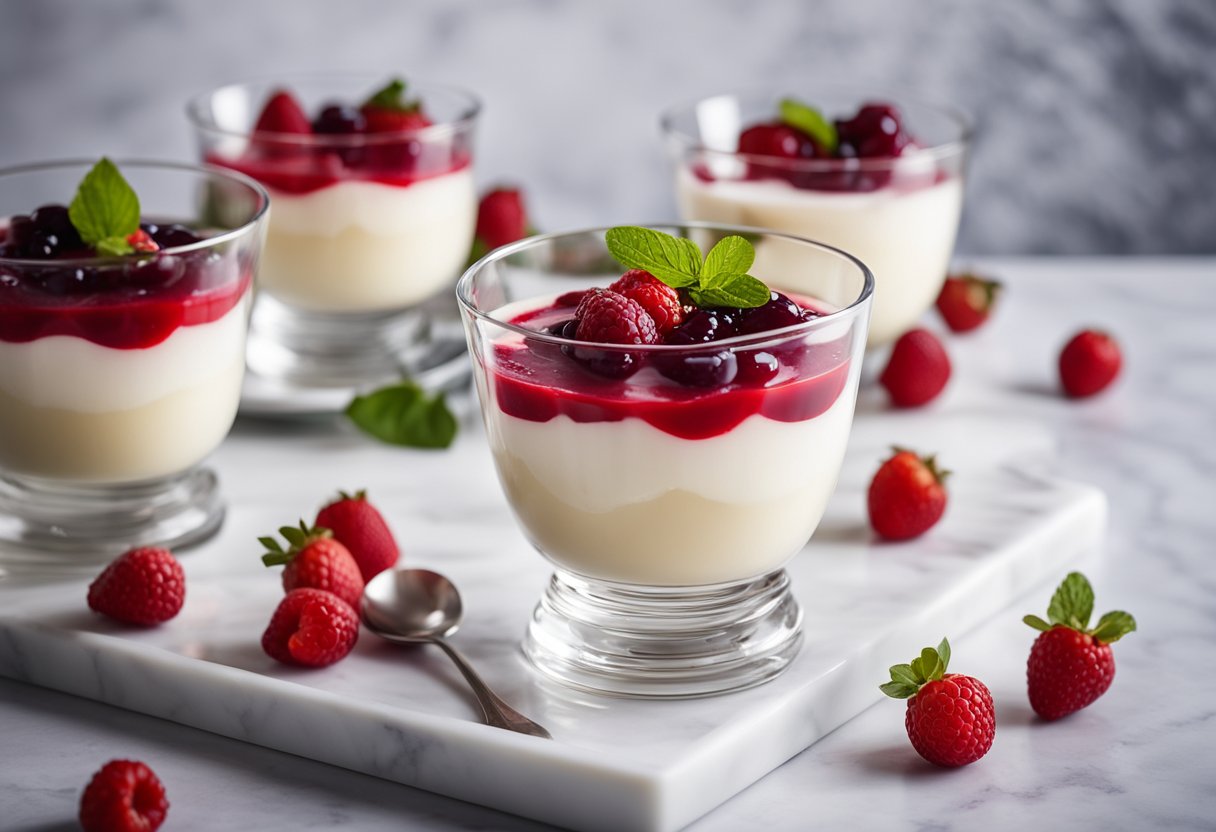 Uma panna cotta cremosa low-carb com uma vibrante compota de frutas vermelhas, servida em um prato de vidro transparente sobre uma mesa de mármore branco.