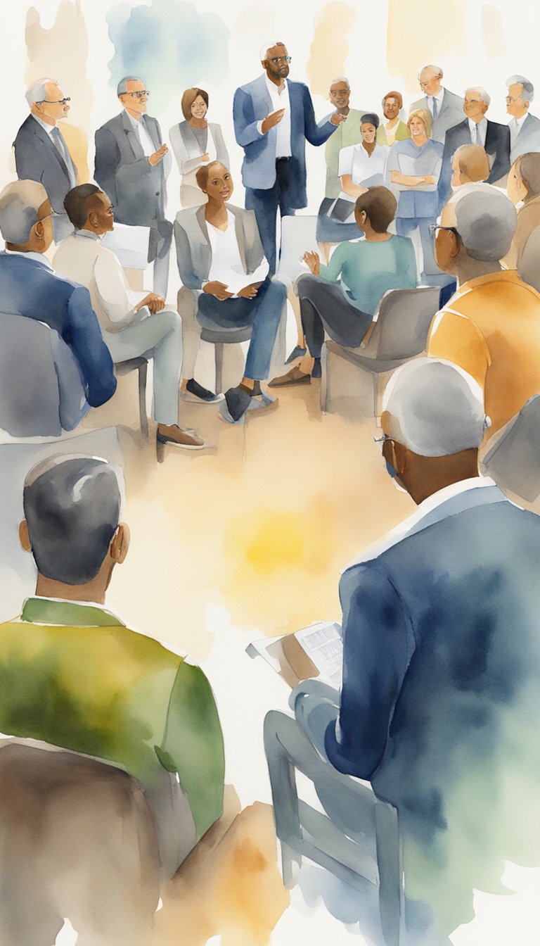 A group of diverse individuals eagerly listening to a speaker presenting a captivating visual representation of a unique value proposition