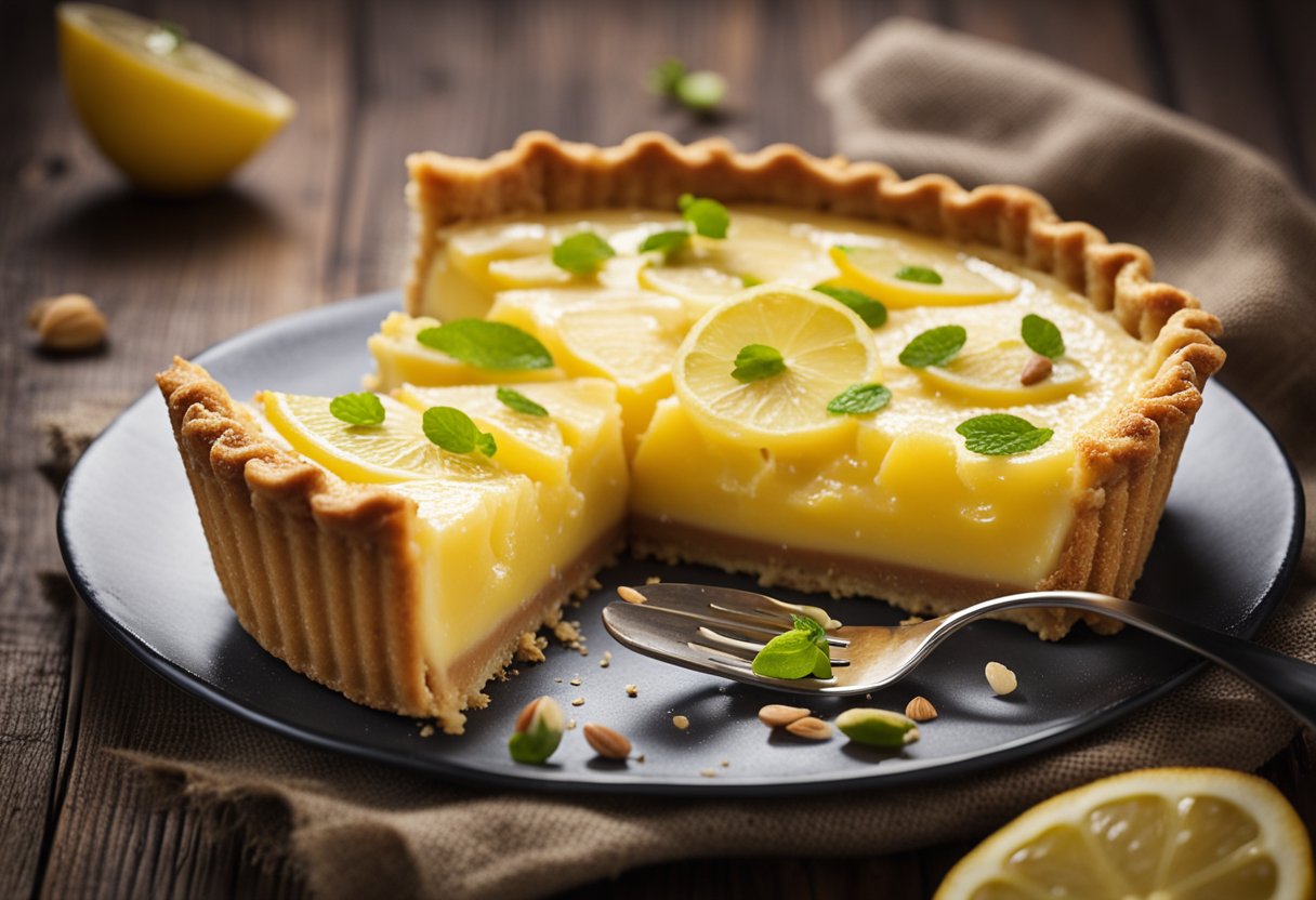 Uma torta de limão cremosa com uma crosta crocante de amêndoas em uma mesa rústica de madeira