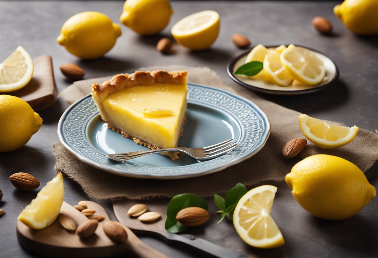 Uma torta de limão cremosa com uma crosta de amêndoa crocante
