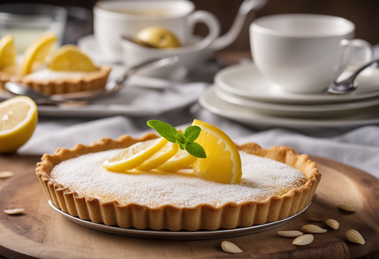 Uma torta de limão cremosa com crosta crocante de amêndoas