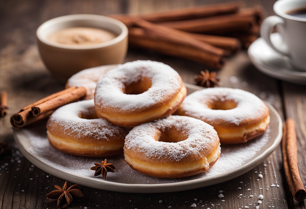 Um prato de donuts de canela low carb recém-assados está sobre uma mesa de madeira rústica, cercado por paus de canela espalhados e uma pitada de açúcar de confeiteiro.