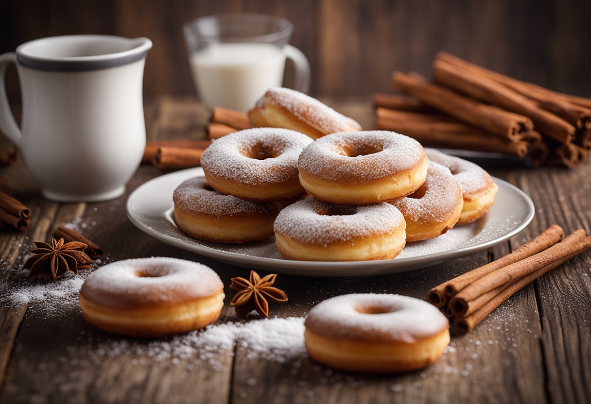 Um prato de donuts de canela low carb recém-assados está sobre uma mesa rústica de madeira, cercado por paus de canela espalhados e uma delicada camada de adoçante em pó.