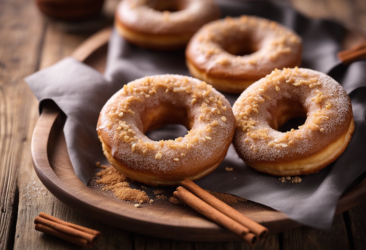 Uma bandeja de donuts de canela low carb recém-assados, polvilhados com canela em pó, em uma mesa de madeira rústica