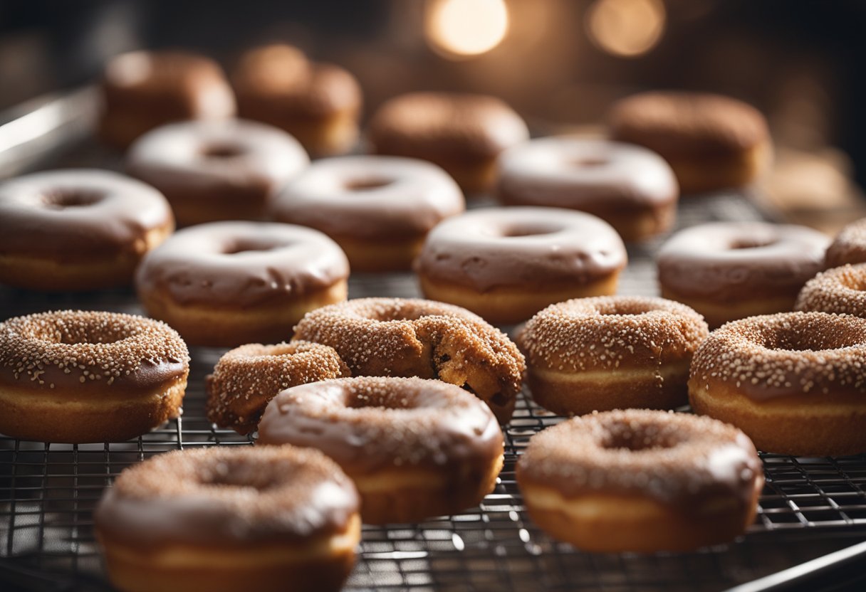 Uma bandeja de donuts de canela low carb recém-assados esfriando em uma grade, com uma pitada de canela por cima