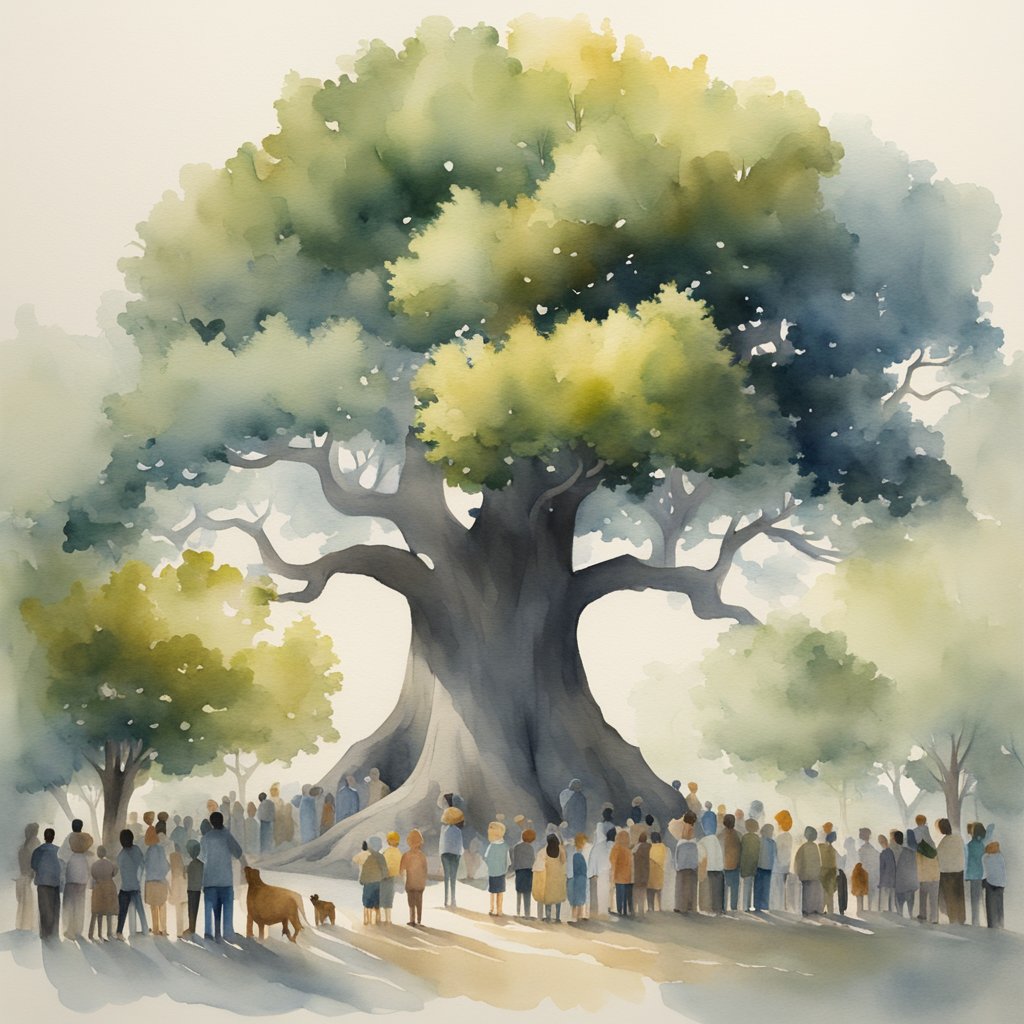 A large tree towering over a group of smaller trees, casting a protective shadow and drawing in a crowd of animals