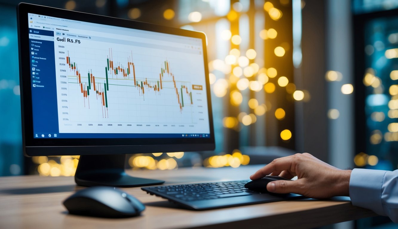 A computer screen displaying a graph of gold prices, with a hand holding a mouse and clicking on an online trading account