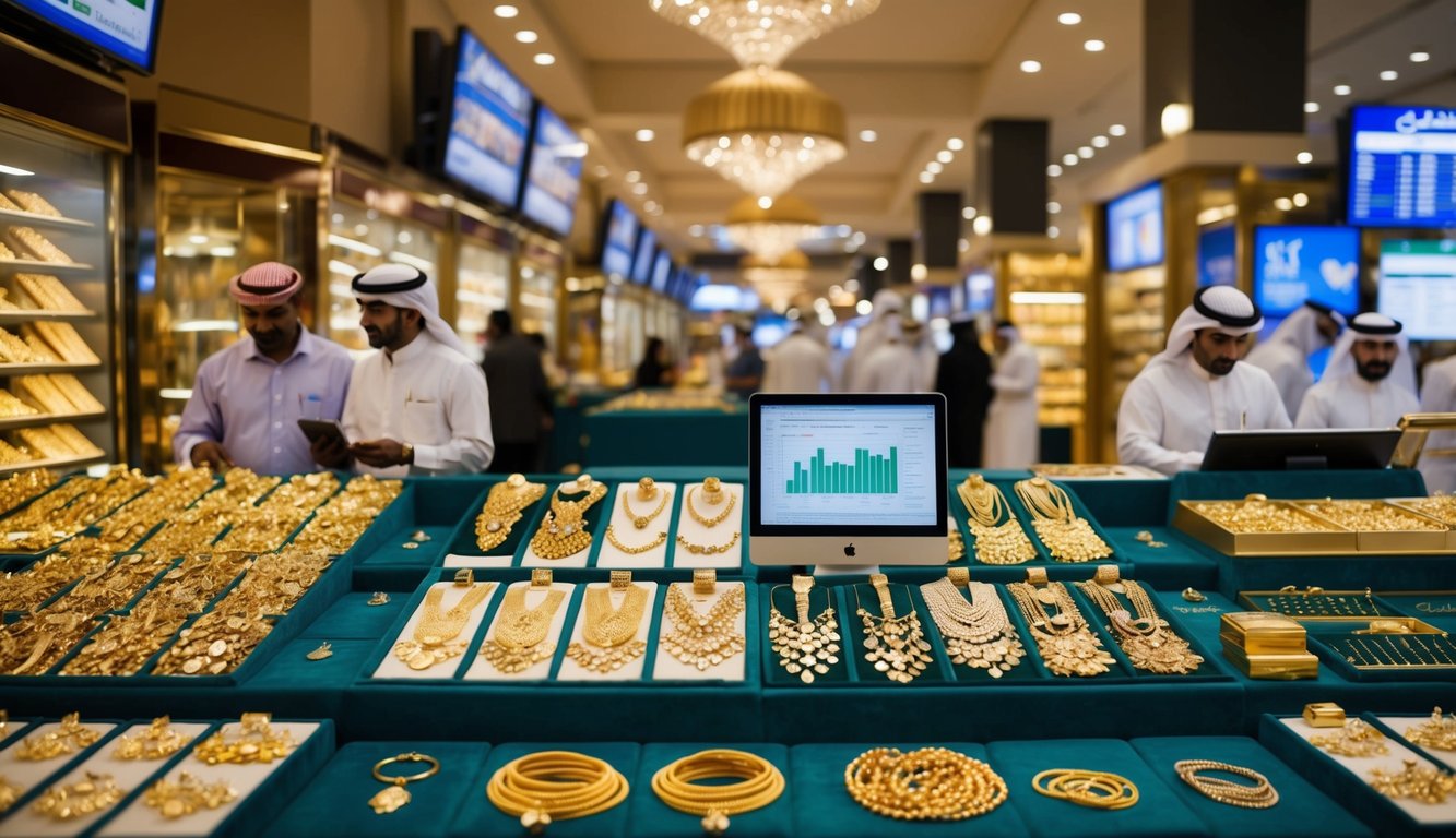 A bustling Dubai market with gold jewelry shops and trading screens, showcasing the benefits of online gold investing