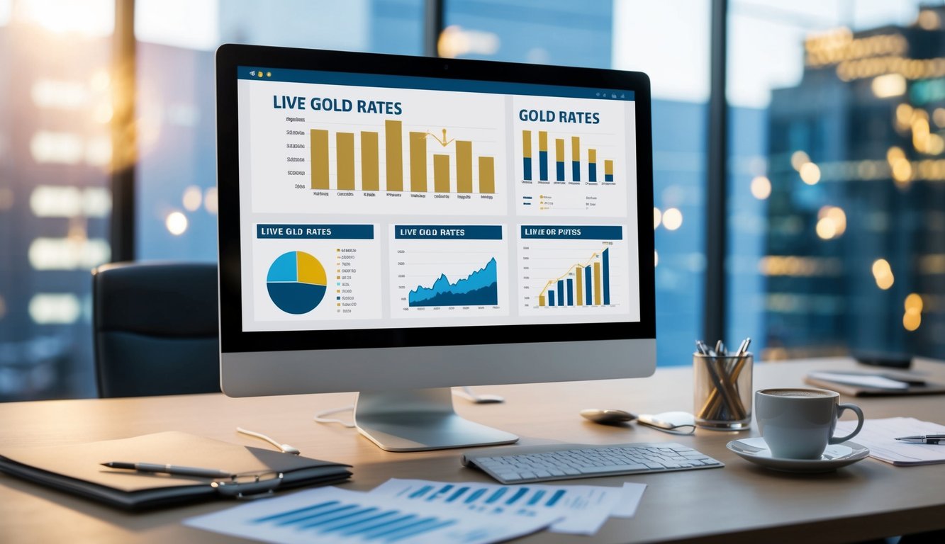 A computer screen displaying live gold rates with charts and graphs, surrounded by a modern office setting with financial documents and a cup of coffee