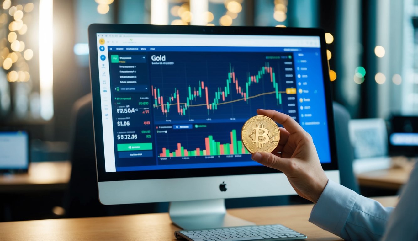 A computer screen displaying a gold trading platform with price charts, investment options, and account management tools. A hand holding a gold coin