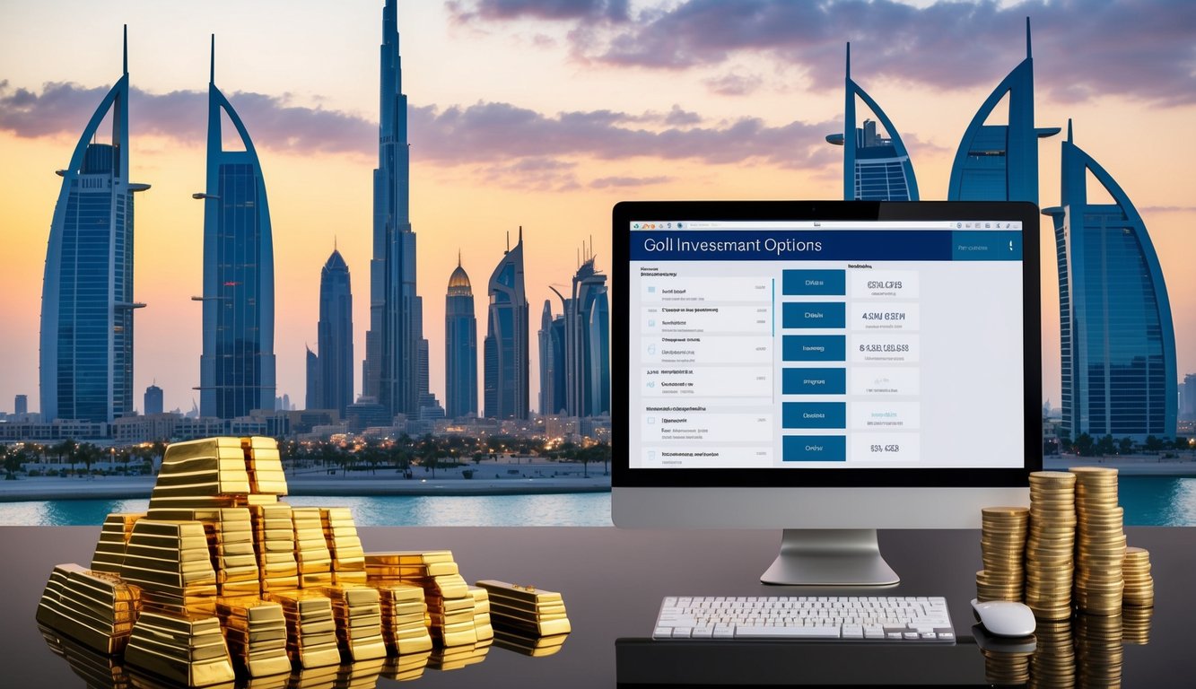 A bustling Dubai skyline with prominent landmarks, a computer screen displaying gold investment options, and a stack of gold bars