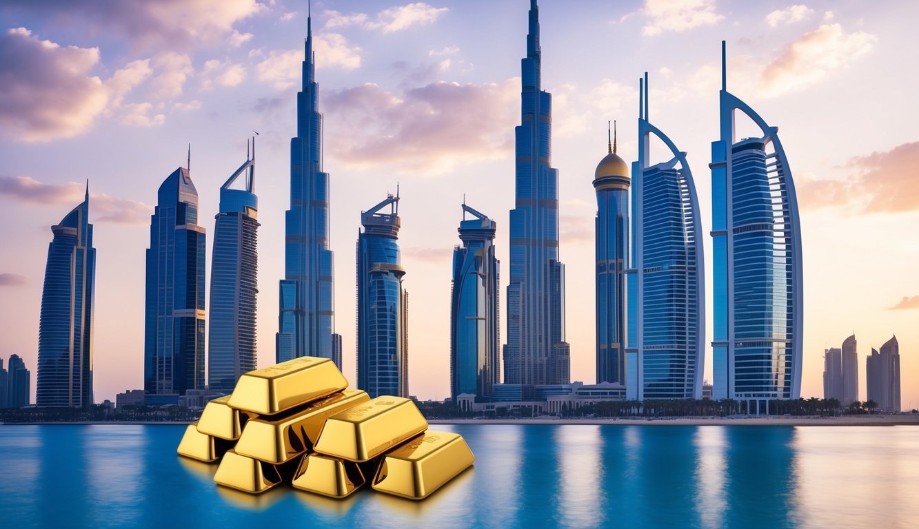 A bustling Dubai skyline with iconic landmarks, featuring digital devices and gold bars, symbolizing online gold investment options in the city