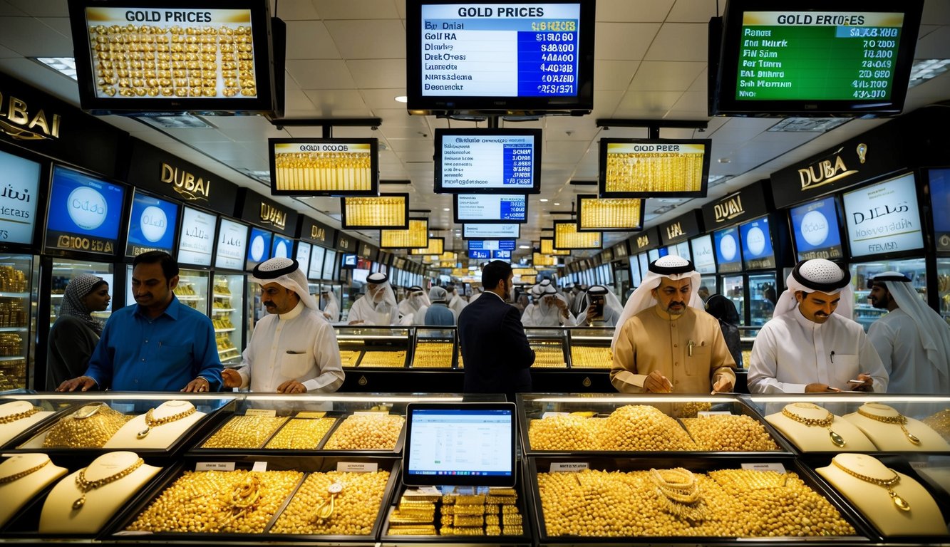 A bustling Dubai market with gold jewelry shops, digital screens displaying fluctuating gold prices, and people discussing online gold investments