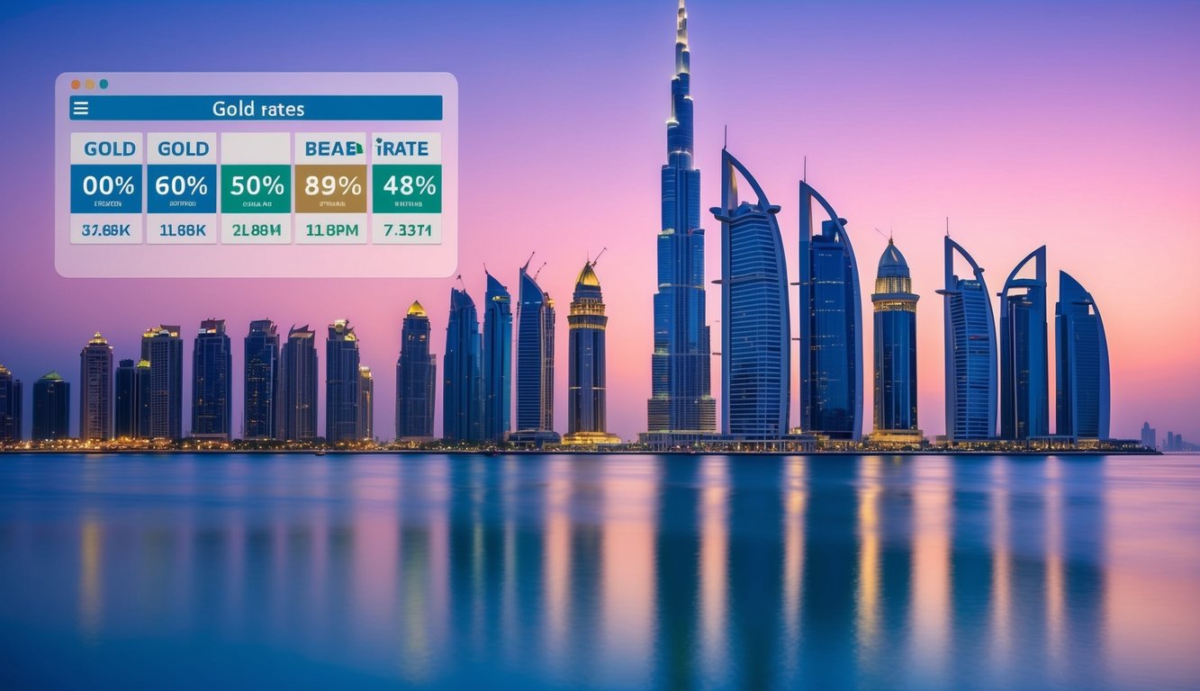 A vibrant Dubai skyline with a digital interface displaying fluctuating gold rates and various online investment options