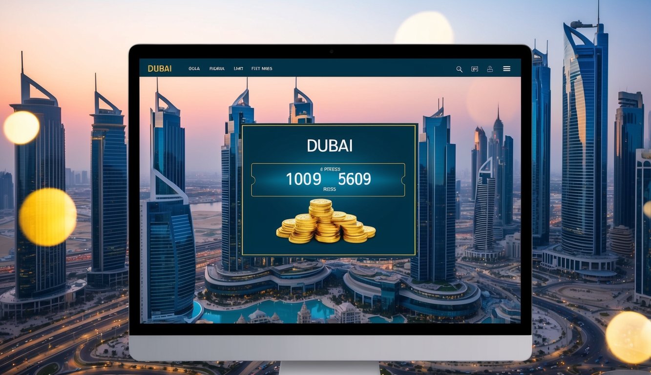 A bustling Dubai skyline with a digital interface displaying live gold rates, surrounded by modern financial buildings