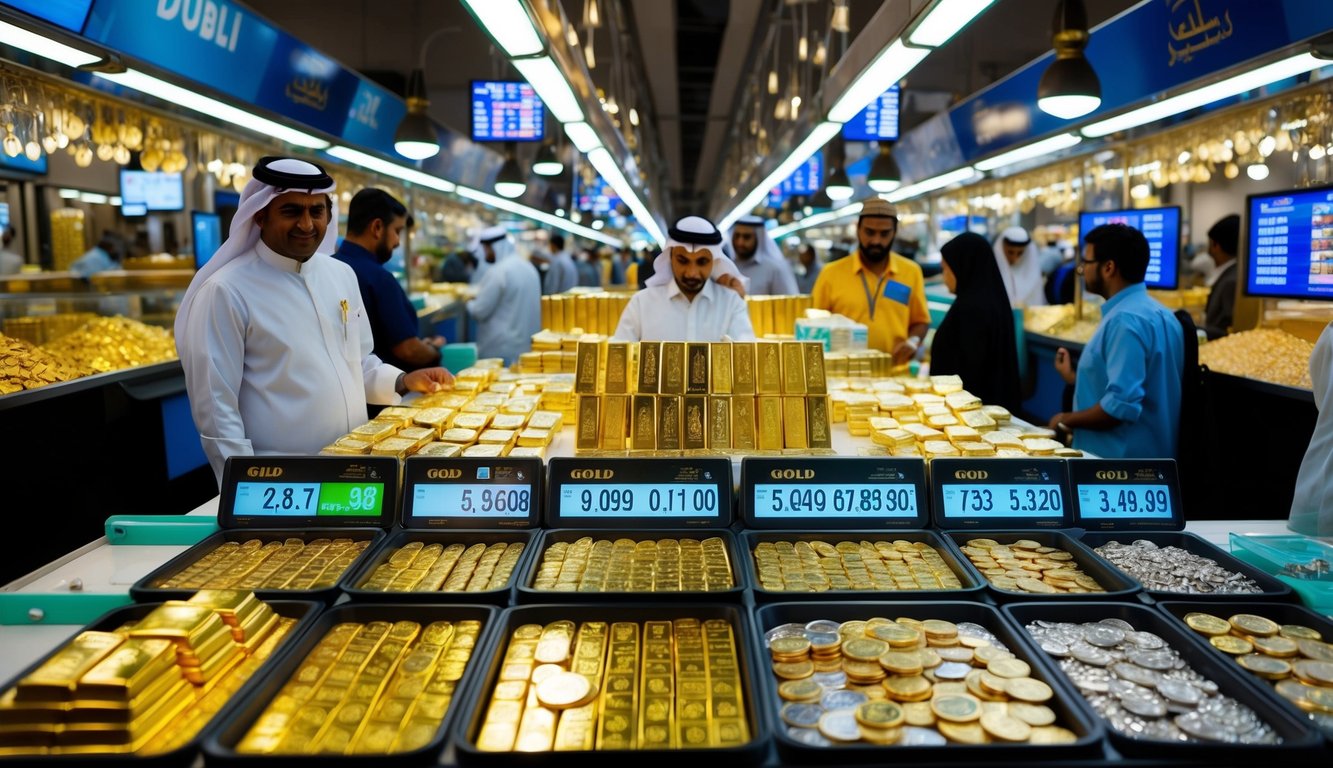 A bustling Dubai market with gold traders and customers, displaying gold bars, coins, and jewelry. Digital screens show fluctuating gold rates