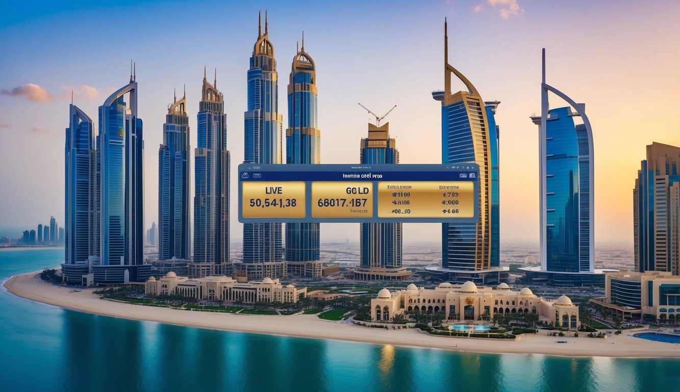 A bustling Dubai skyline with iconic buildings, a digital interface displaying live gold rates, and people engaged in online gold trading