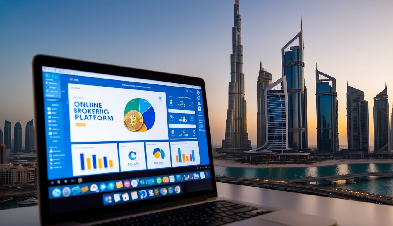 A bustling Dubai skyline with a prominent gold market, currency symbols, and an online brokerage platform displayed on a computer screen