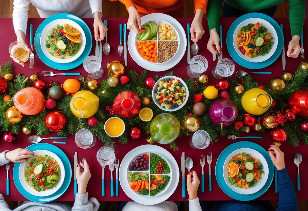 A festive table with a variety of healthy, colorful foods and portion-controlled plates, surrounded by holiday decorations and a cheerful atmosphere