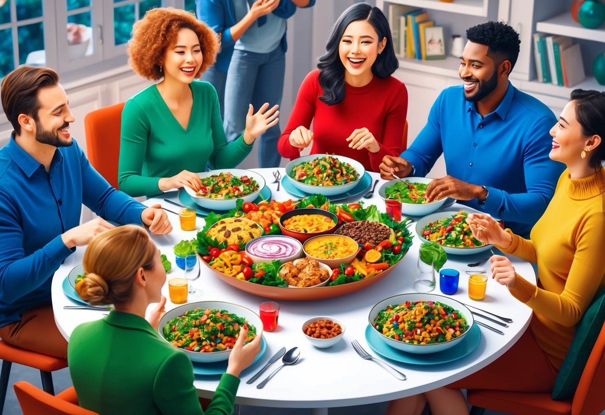 A festive table with colorful, nutritious holiday dishes surrounded by people engaging in joyful conversation and laughter