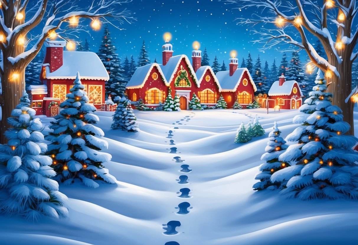 A snowy landscape with footprints leading to a festive village, surrounded by trees and twinkling lights