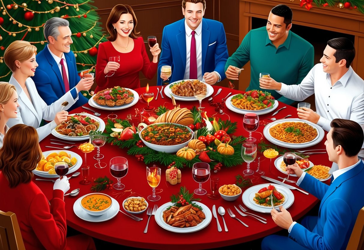 A festive holiday table with rich foods and drinks, surrounded by people socializing
