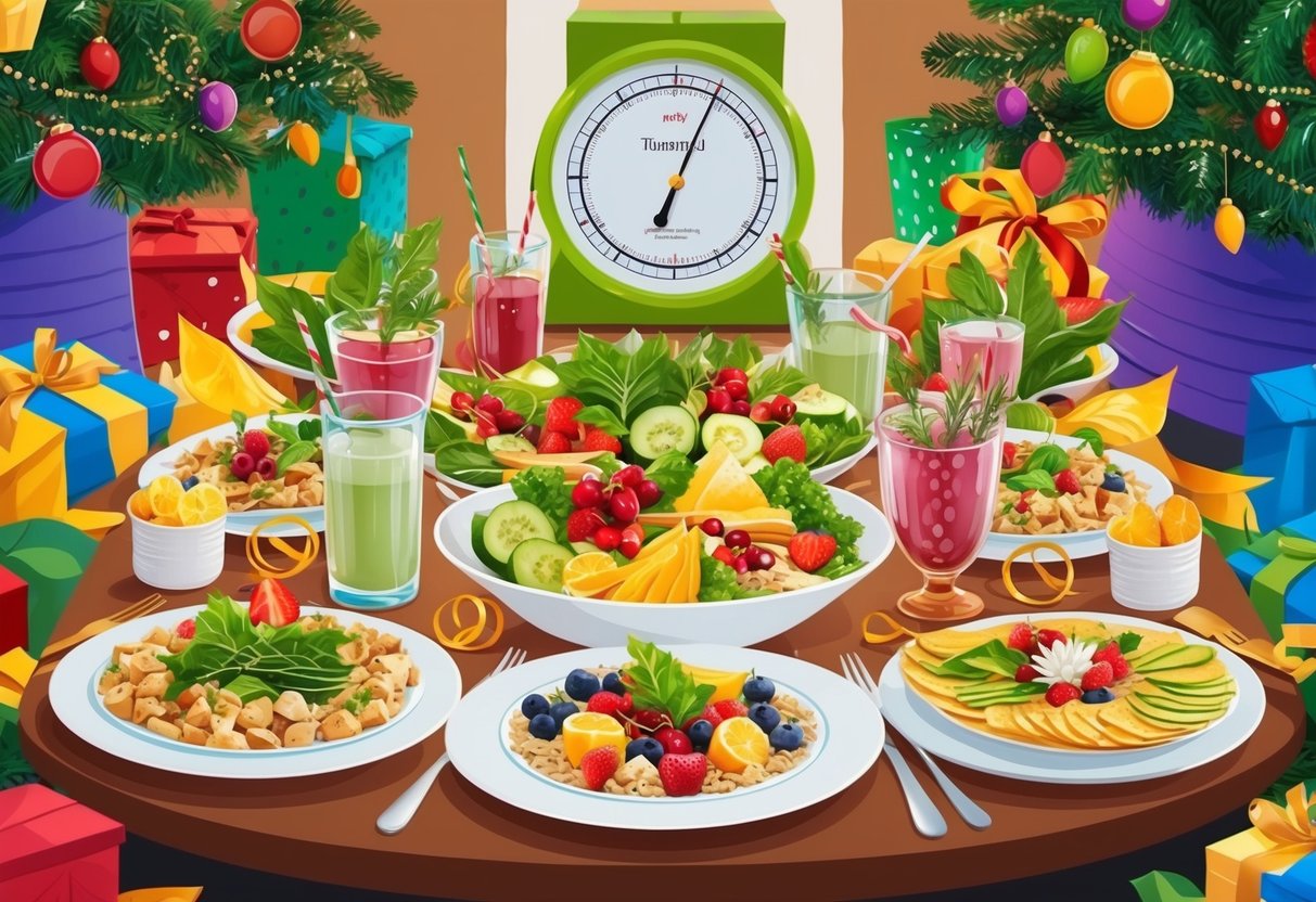 A festive table with healthy food and drinks, surrounded by joyful holiday decorations and a scale hidden in the background