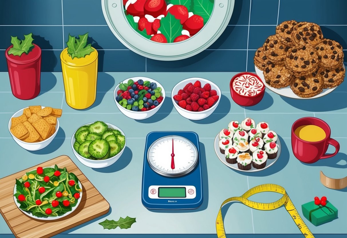 A kitchen counter with healthy food options and a scale, surrounded by holiday treats and a tape measure