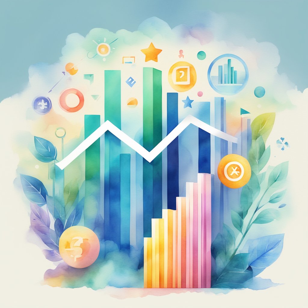 A dynamic graph with an upward trend, surrounded by various business growth icons and symbols