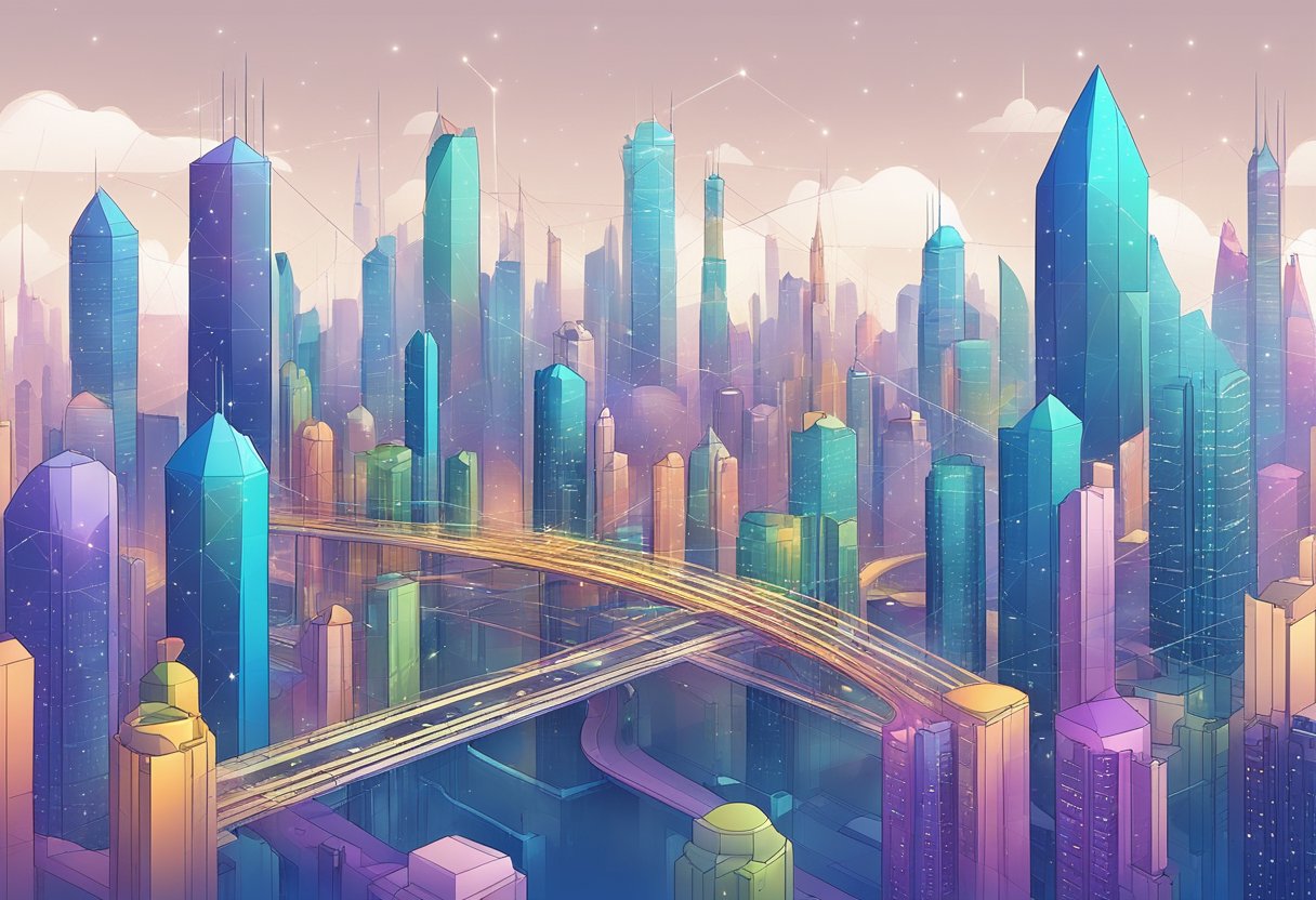 A futuristic city skyline with interconnected nodes representing blockchain technology