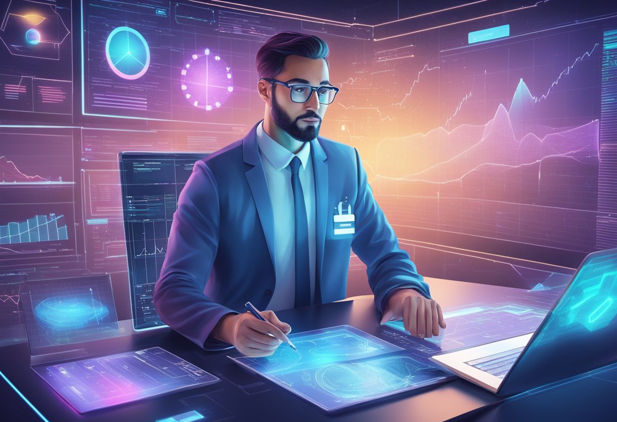 A futuristic data analyst surrounded by holographic healthcare charts and graphs