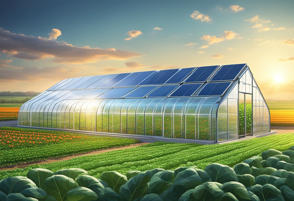 A futuristic greenhouse with advanced technology and automated farming equipment, surrounded by fields of crops and solar panels