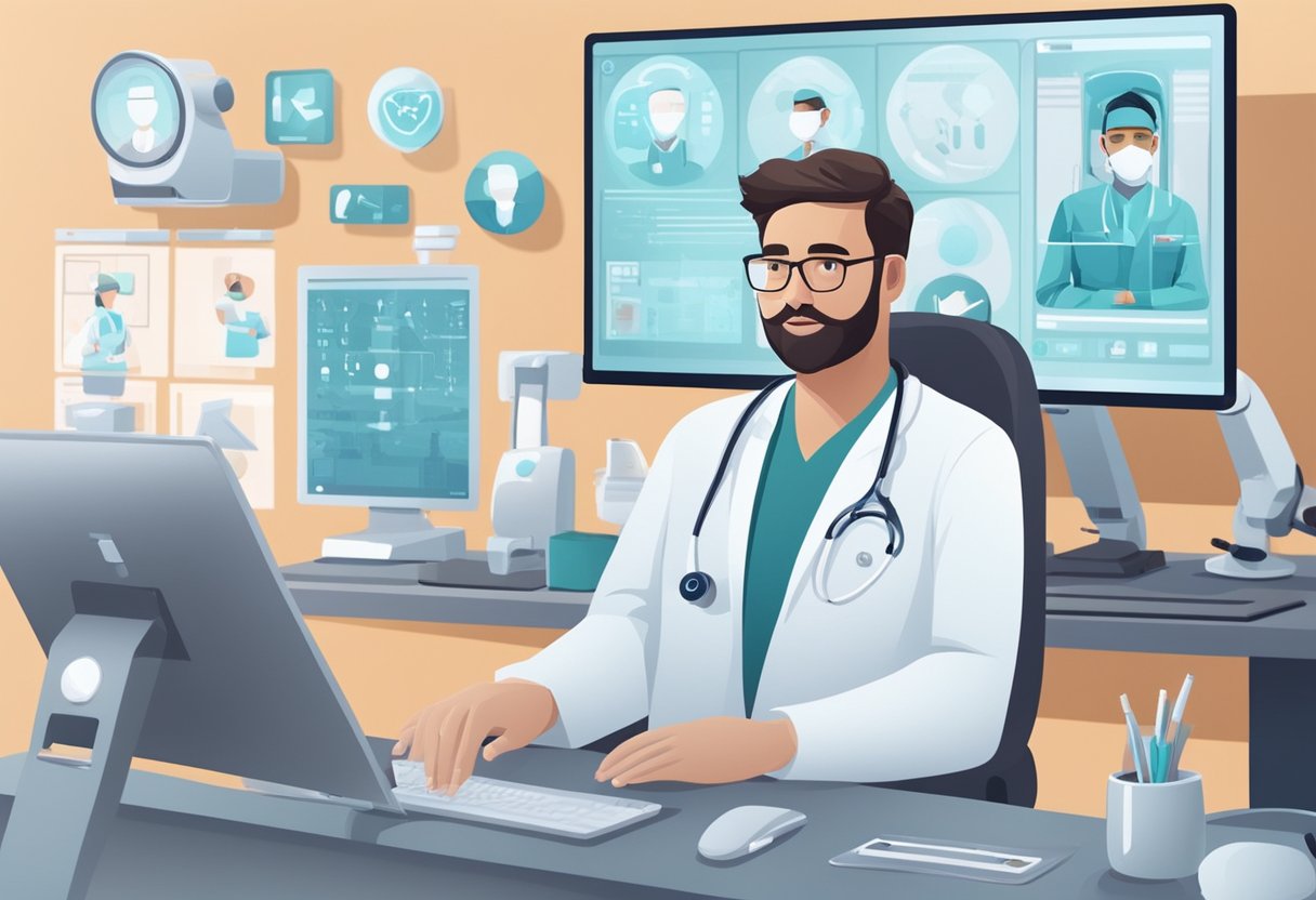 A telemedicine specialist consulting with a patient via video call, surrounded by modern technology and medical equipment