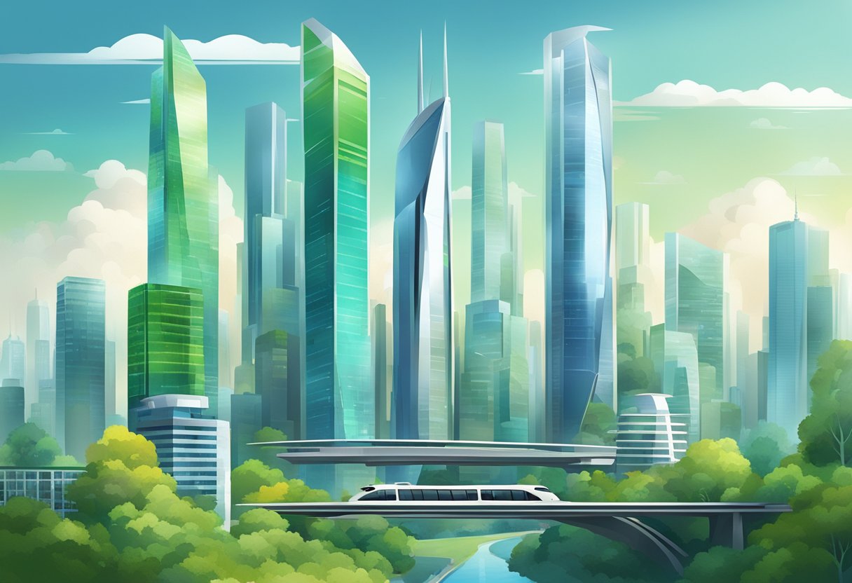 A bustling cityscape with sleek skyscrapers, futuristic transportation, and green spaces integrated with advanced technology