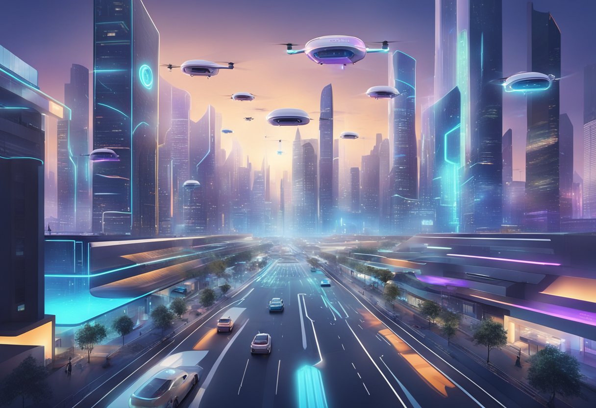 A futuristic city skyline with holographic job titles floating above buildings. Drones and autonomous vehicles navigate the bustling streets below