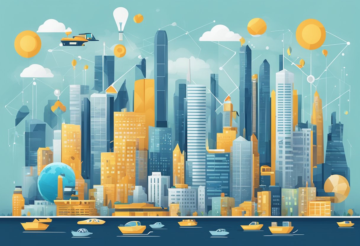 A futuristic city skyline with various job-related symbols floating above, representing the top 20 emerging jobs