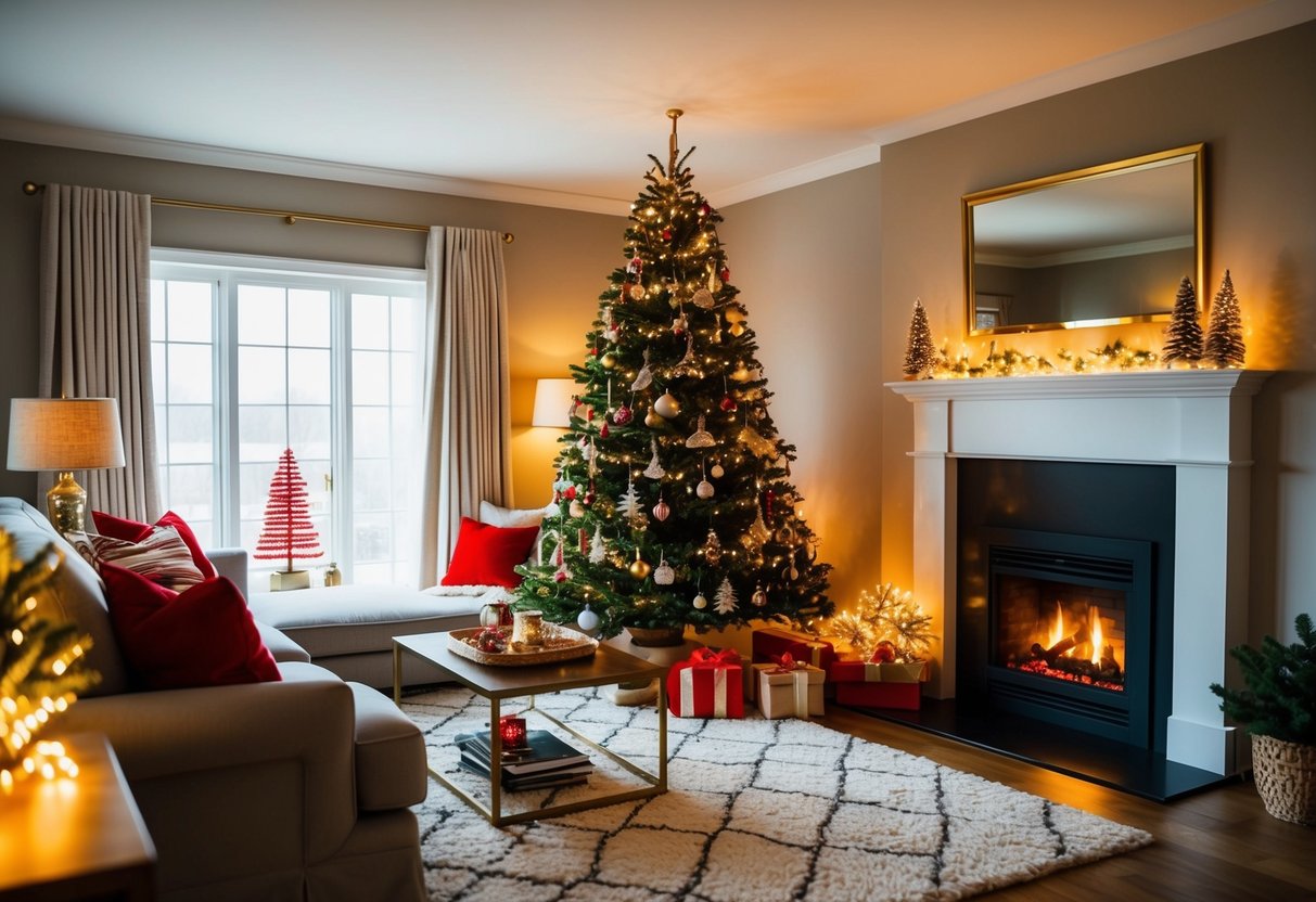 A cozy living room with a decorated tree, glowing fireplace, and presents