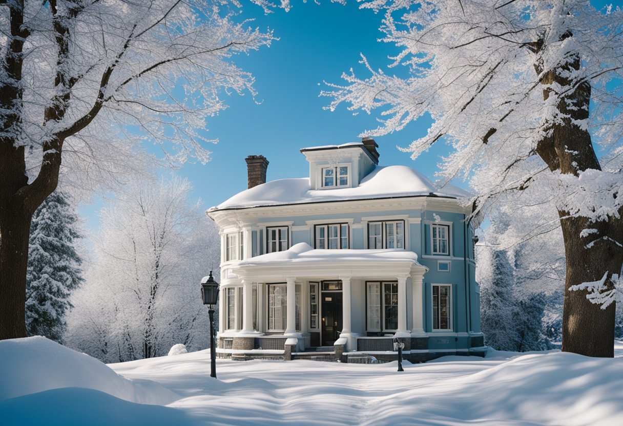 A snowy landscape with a quaint law office nestled among frosted trees and a clear blue sky