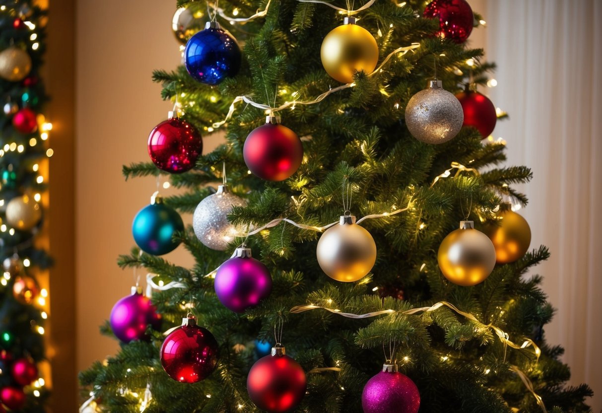 Colorful ornaments hung from a sparkling tree, surrounded by twinkling lights and festive garlands, creating a warm and inviting atmosphere on Christmas morning