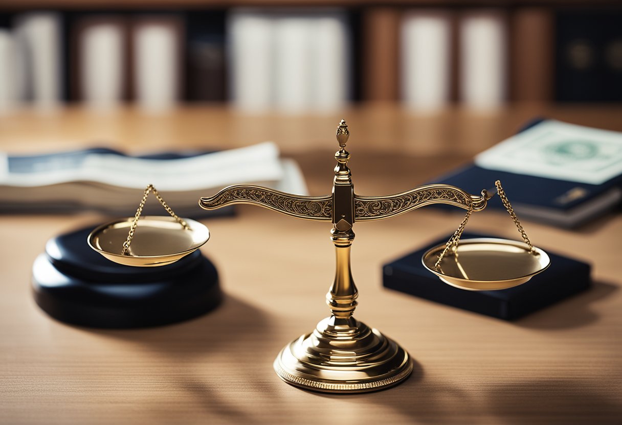 A scale balancing a stack of money and a gavel on a desk