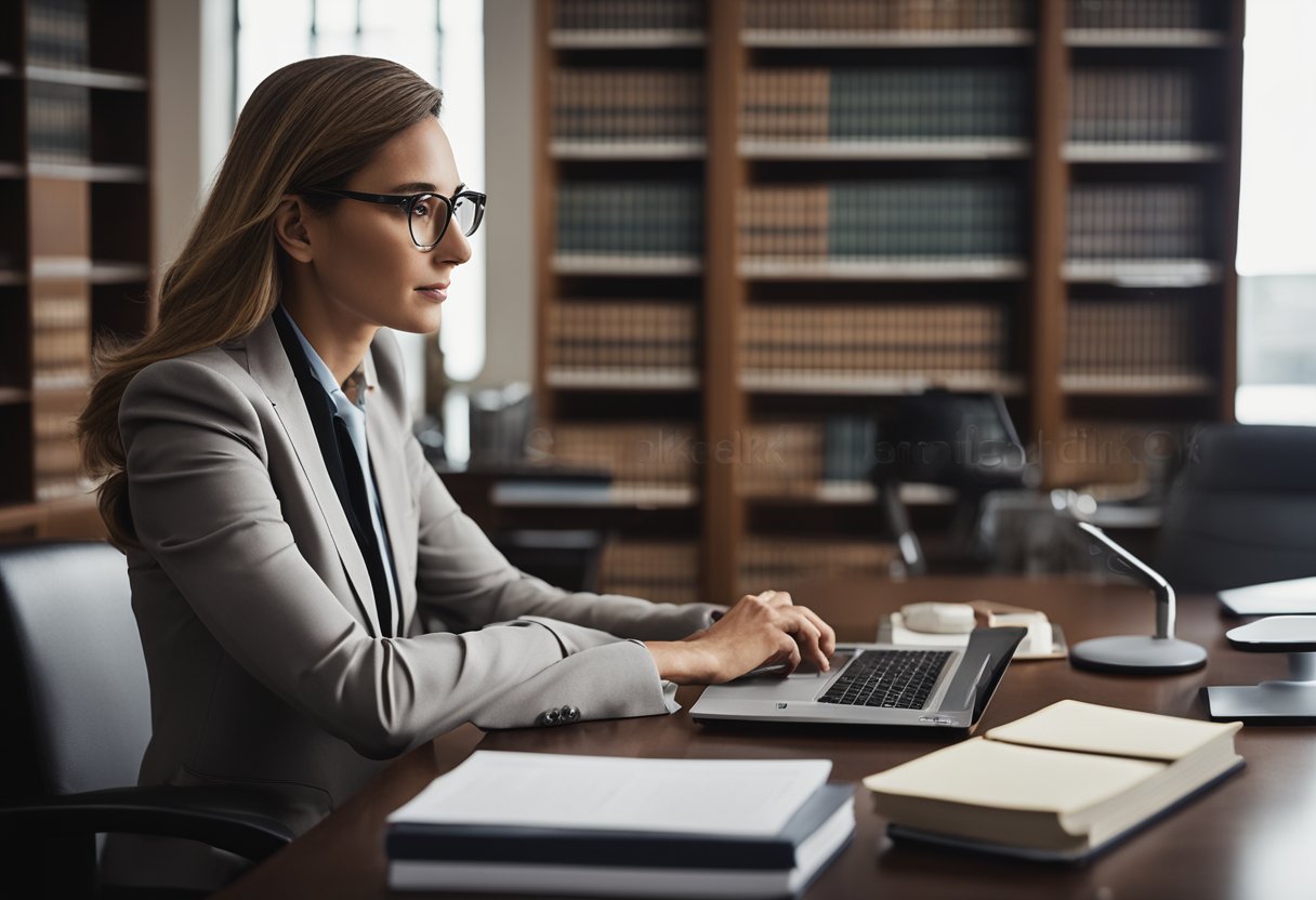 A serene and professional office setting with a modern desk, computer, and law books. A confident attorney consults with a client