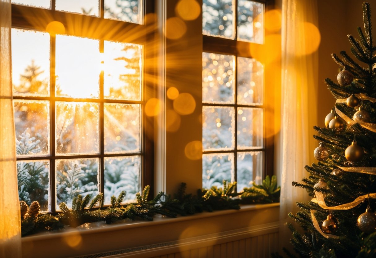 Golden sunlight filters through frosty windows, casting a warm glow on a festively decorated room. The air is filled with the scent of pine and cinnamon, creating a cozy and inviting ambiance