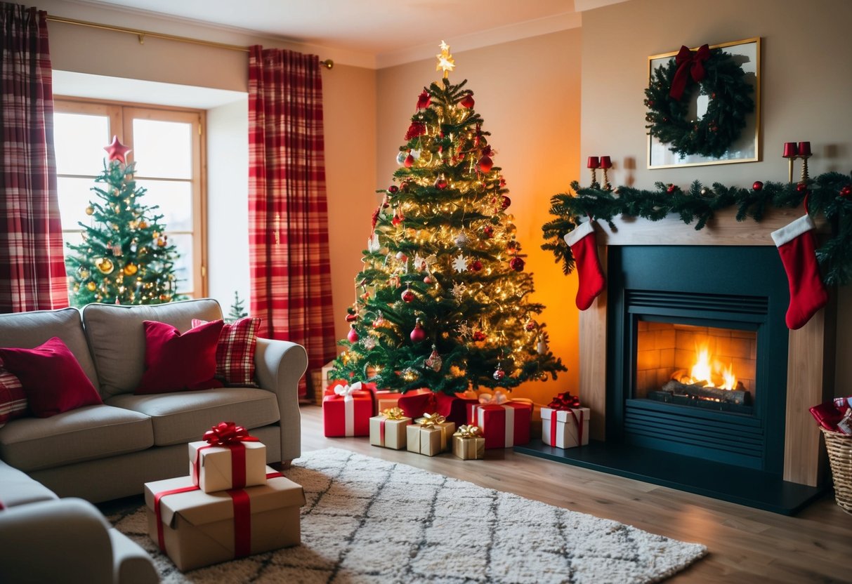 A cozy living room with a glowing fireplace, a decorated Christmas tree, and wrapped presents. A warm, joyful atmosphere fills the room