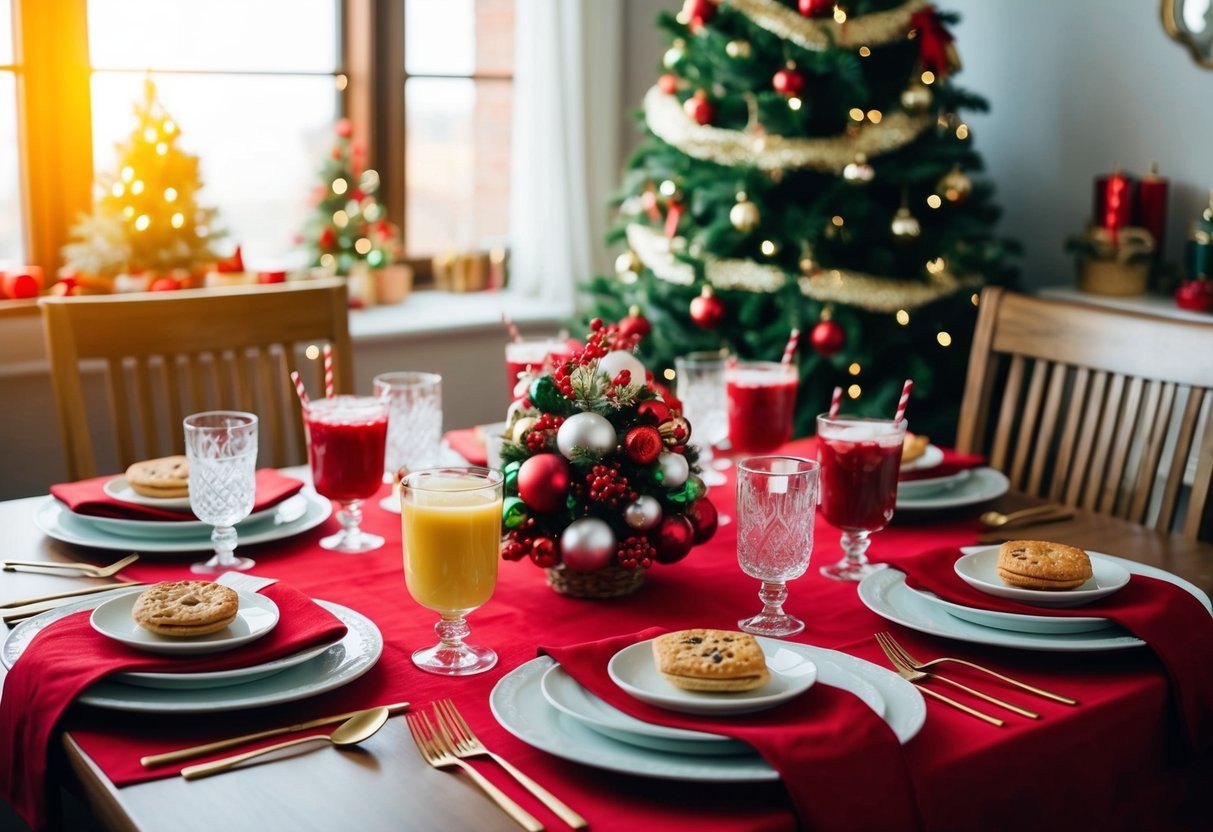 A festive breakfast table with a red tablecloth, a decorative centerpiece, and an assortment of holiday-themed dishes and drinks
