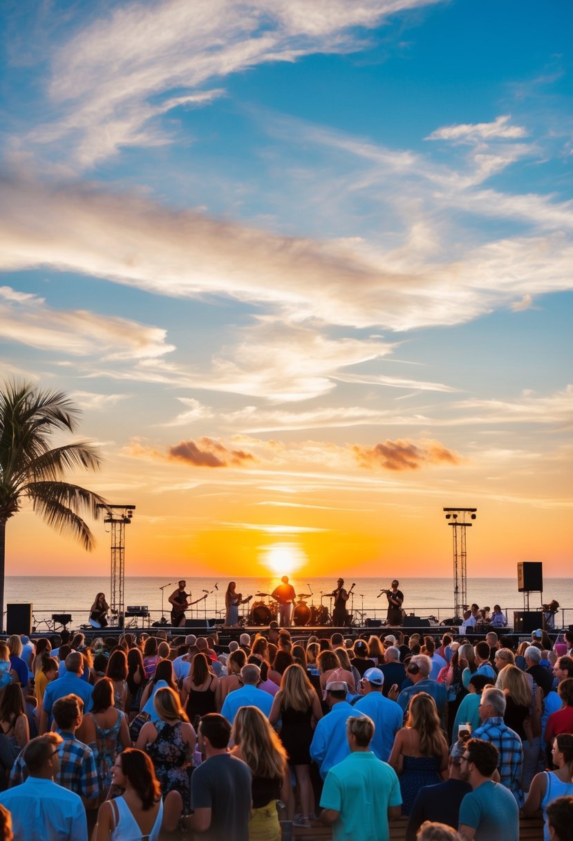 A lively rooftop concert in Rosemary Beach, Florida, with a picturesque sunset and a crowd of people enjoying the music and ocean views