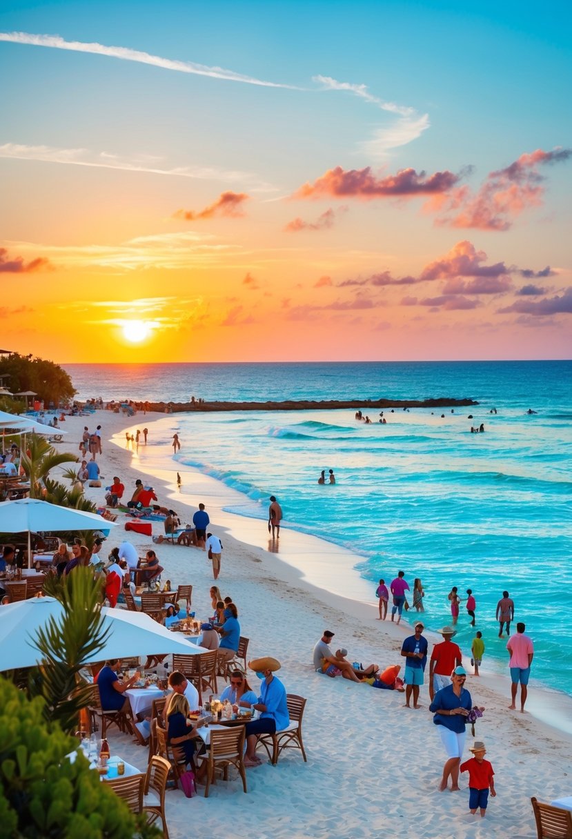 The sun sets over the iconic white sand and turquoise waters of Rosemary Beach, with families enjoying beach activities and dining at outdoor cafes