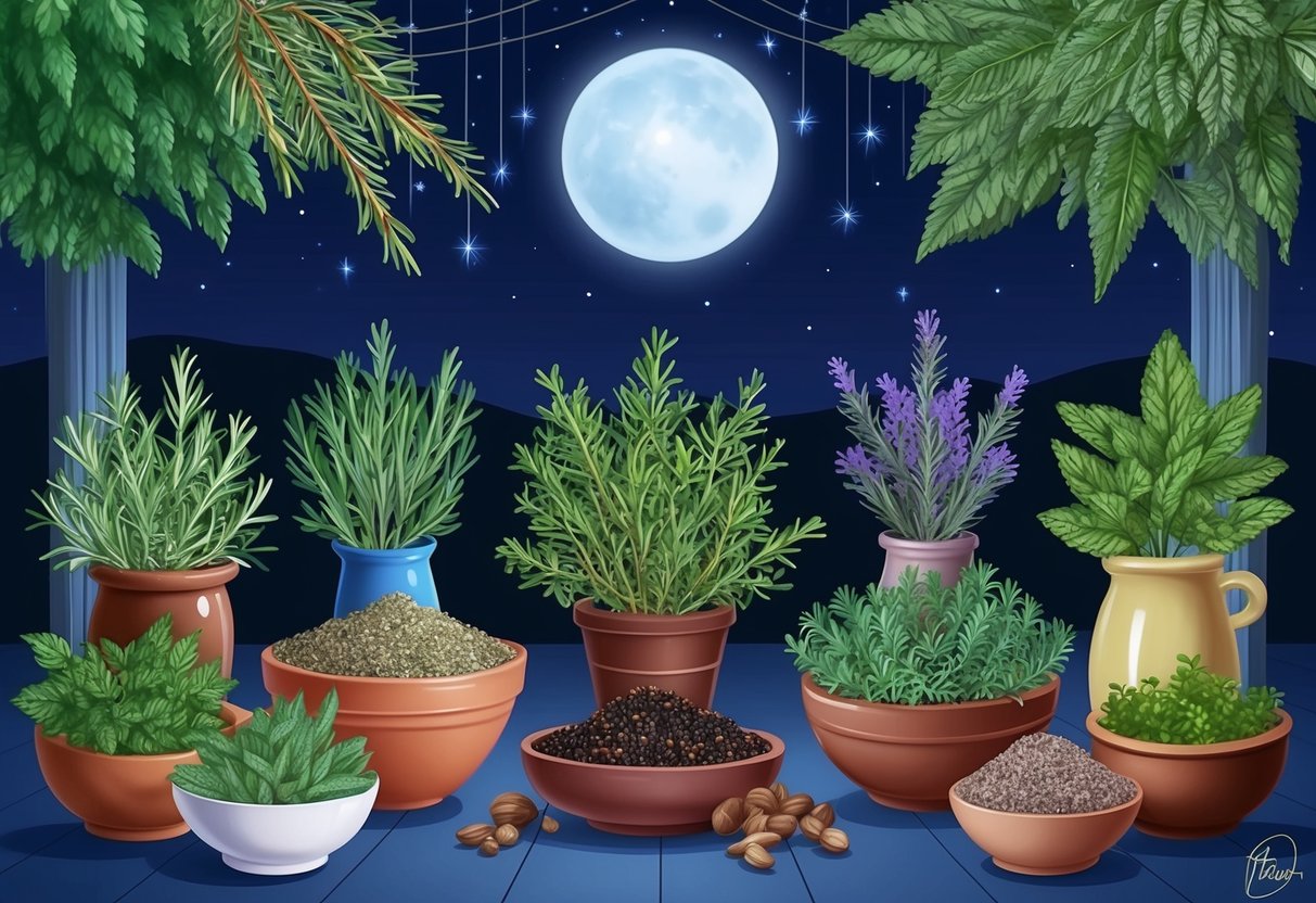 A peaceful night scene with 11 different herbs arranged in a calming and soothing display