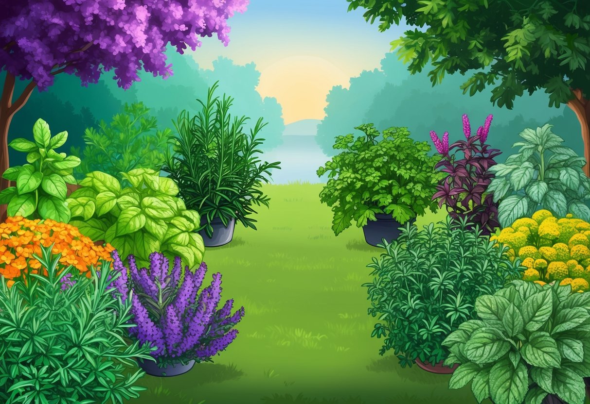 A serene garden with 11 different herbs growing in lush, vibrant colors, surrounded by a peaceful and tranquil atmosphere